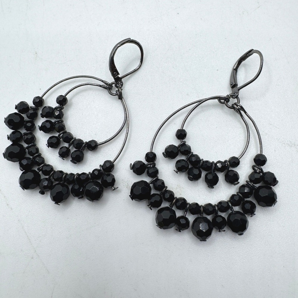 Black Beaded Double Hoop Chandelier Earrings Leverback Dangle Goth Witchy Grunge